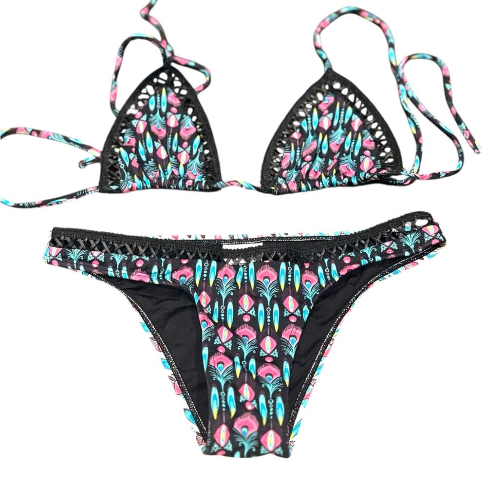 OndadeMar Luxury Bikini Set Black Pink Geometric Triangle Swimwear Women Size XS